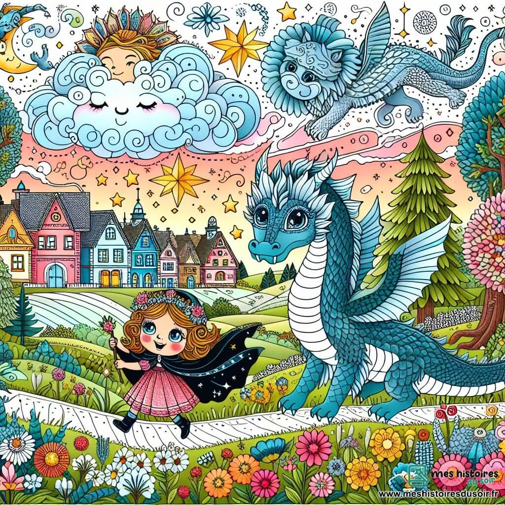Une illustration destinée aux enfants représentant une fillette aux yeux pétillants, suivant un dragon nuage majestueux à travers des champs bordés de fleurs colorées, accompagnée d'une étoile filante brillante, dans un village aux maisons colorées et aux rues pavées, où les arbres chuchotent des secrets anciens et les rivières murmurent des mélodies enchanteresses.