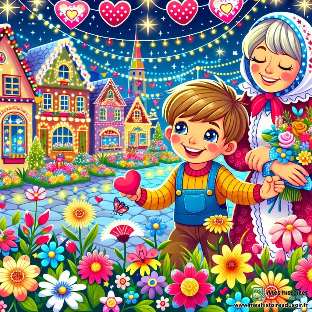 Une illustration destinée aux enfants représentant un joyeux petit garçon, une fête de la Saint-Valentin animée, une maman bienveillante, dans un village coloré et animé par des décorations scintillantes et des fleurs parfumées.