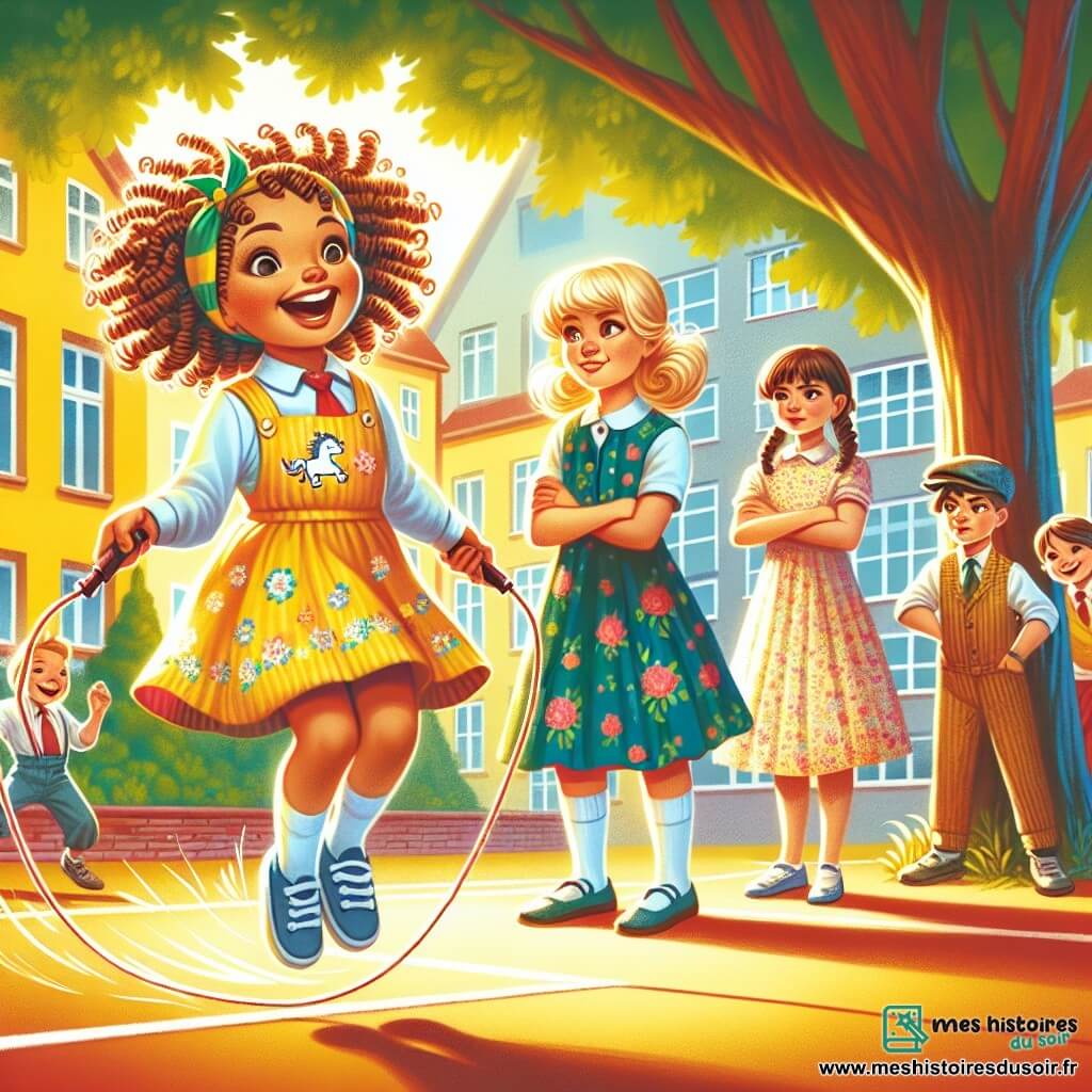 Illustration destinée aux enfants représentant une cour d'école ensoleillée, avec des murs jaunes et un grand chêne au centre, où un groupe d'enfants de 9 ans joue ensemble. Au premier plan, une fille aux cheveux longs et bouclés, portant un cartable décoré de licornes, saute à la corde avec un grand sourire, tandis qu'à côté d'elle, une autre fille aux cheveux raides et bruns, vêtue d'une robe à fleurs, l'encourage avec enthousiasme. En arrière-plan, une fille aux cheveux courts et blonds, avec un air moqueur, observe le groupe, les bras croisés, semblant prête à faire une remarque désobligeante. L'atmosphère est à la fois joyeuse et tendue, illustrant le contraste entre l'amitié et le harcèlement, avec des couleurs vives et des expressions faciales qui reflètent l'émotion de la scène.