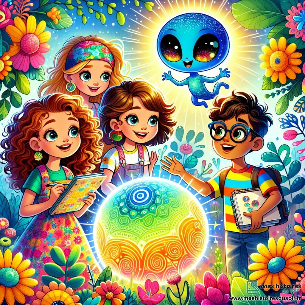 Une illustration sous forme de dessin destinée aux enfants représentant un jardin coloré et ensoleillé, où un groupe de quatre enfants de 11 ans, deux filles aux cheveux bouclés et brillants, l'une avec une robe à fleurs et l'autre en t-shirt coloré, ainsi qu'un garçon aux cheveux courts et un pull rayé, et une autre fille avec des lunettes et un carnet de croquis, se tiennent autour d'une sphère lumineuse flottante, fascinés par un petit extraterrestre bleu aux yeux ronds et scintillants, qui leur parle avec enthousiasme, tandis qu'un fond de plantes exotiques et de fleurs éclatantes crée une atmosphère magique et d'aventure.