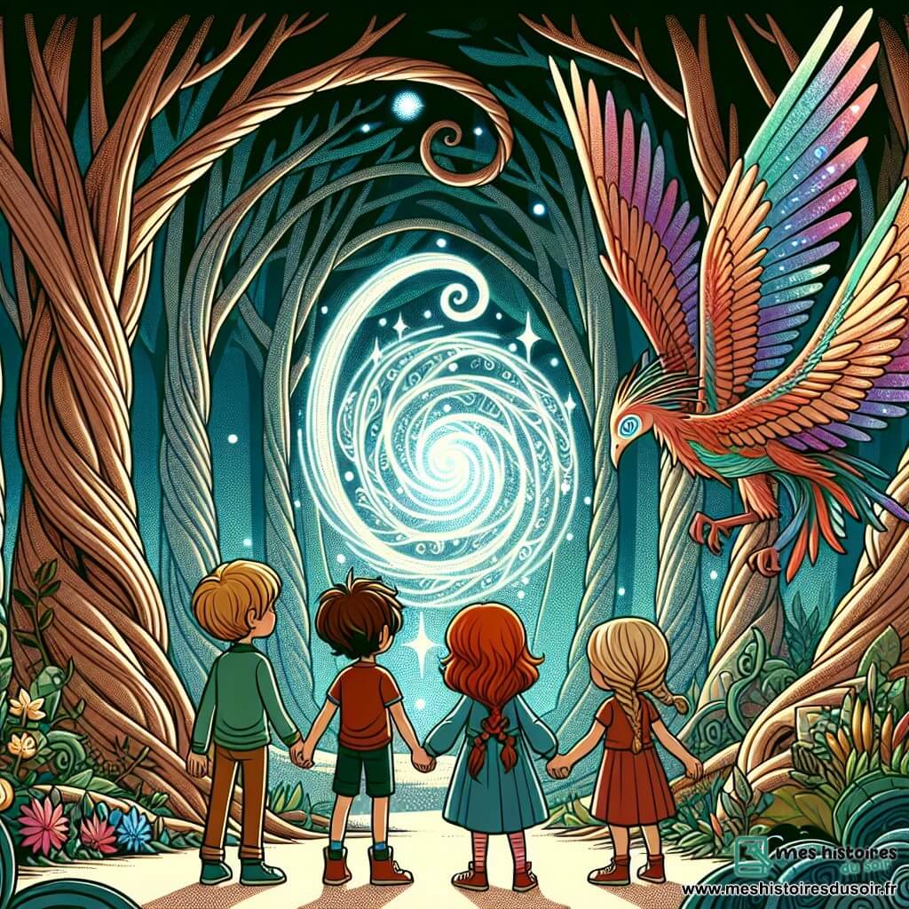Une illustration sous forme de dessin destinée aux enfants représentant une forêt enchantée aux arbres majestueux aux troncs spirales et aux feuilles brillantes, où un groupe de quatre enfants de 7 ans, deux garçons aux cheveux bruns et blonds, et deux filles aux cheveux châtains et roux, se tiennent main dans la main, le regard émerveillé, devant un portail magique scintillant, tandis qu'une créature mi-homme, mi-oiseau aux ailes irisées les observe avec bienveillance, illustrant leur courage et leur amitié face à l'inconnu.
