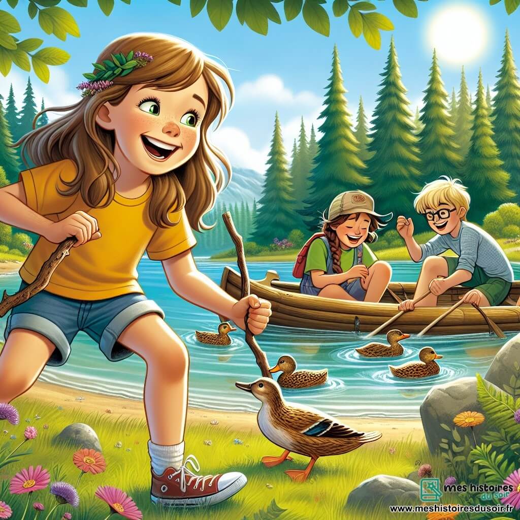 Illustration destinée aux enfants représentant une clairière ensoleillée au bord d'un lac scintillant, entourée de majestueux arbres verts et de fleurs sauvages colorées. Au premier plan, une fille de 11 ans aux longs cheveux châtains, portant un t-shirt jaune et un short en jean, sourit joyeusement tout en tenant une pierre brillante dans ses mains. À ses côtés, deux amis : un garçon aux cheveux bruns et aux lunettes, vêtu d'un t-shirt bleu, qui rit en tenant une branche comme une pagaie, et une fille aux cheveux blonds en tresse, portant une robe à fleurs, qui s'agenouille pour admirer les canards qui nagent près du radeau qu'ils ont construit. L'atmosphère est remplie de rires et d'excitation, capturant l'esprit d'aventure et de camaraderie de leurs vacances d'été.