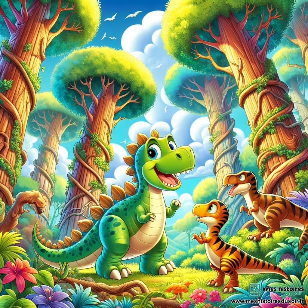 Illustration destinée aux enfants représentant une forêt préhistorique luxuriante, où de grands arbres aux troncs noueux s'élèvent vers un ciel d'un bleu éclatant, parsemé de nuages blancs cotonneux. Au premier plan, un stégosaure aux plaques dorsales brillantes et à la queue ornée de pointes, se tient joyeusement, explorant son environnement avec curiosité. À ses côtés, un vélociraptor agile à la fourrure rayée et une tricératops robuste aux cornes imposantes, tous deux regardant avec émerveillement un petit iguanodon vert vif qui vient de sortir d'un buisson. La scène capture l'instant où ces amis dinosaures découvrent ensemble un nouvel endroit mystérieux dans la forêt, entourés de fleurs colorées et de lianes serpentines, évoquant une atmosphère d'aventure et de camaraderie.