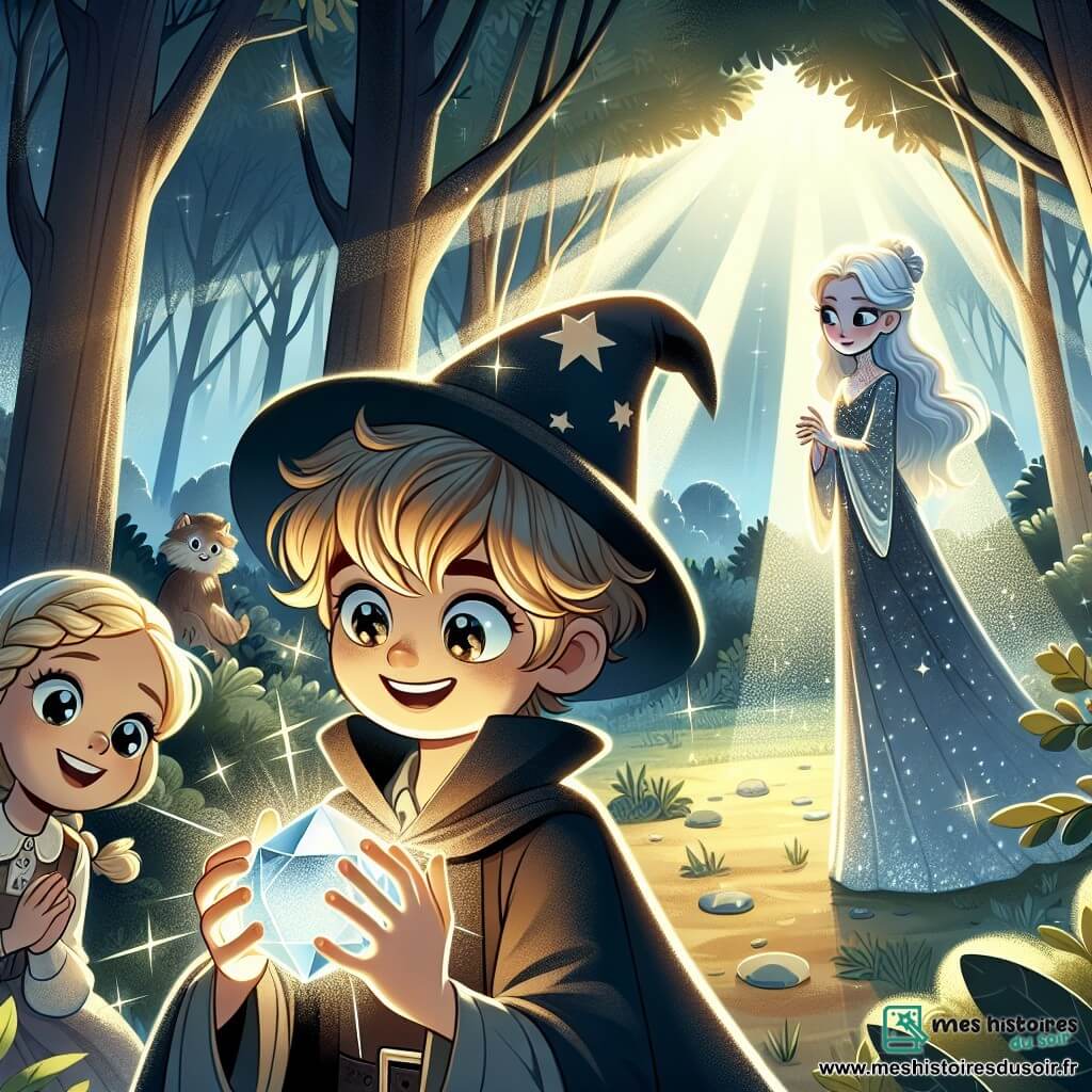 Une illustration sous forme de dessin destinée aux enfants représentant une clairière enchantée baignée de lumière douce, où un jeune garçon aux cheveux ébouriffés et aux yeux pétillants, vêtu d'une robe de sorcier, tient un cristal brillant dans ses mains, entouré de sa meilleure amie, une fille aux cheveux blonds tressés, qui sourit avec émerveillement, tandis qu'une silhouette mystérieuse, Mademoiselle Lune, une jeune fille aux cheveux argentés et à la robe scintillante, les observe avec bienveillance, le tout évoquant une atmosphère magique de sorcellerie et d'aventure.