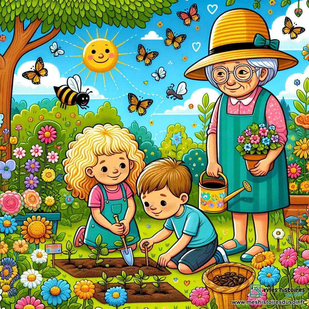 Illustration destinée aux enfants représentant un jardin coloré et ensoleillé, rempli de fleurs éclatantes de toutes les couleurs, de grands arbres verdoyants et de papillons virevoltant dans l'air. Au premier plan, un groupe de deux enfants de 3 ans, une fille aux cheveux bouclés et blonds, portant une robe rose, et un garçon aux cheveux bruns, en t-shirt bleu, s'affairent joyeusement à planter des graines dans un petit carré de terre. À côté d'eux, une femme âgée, avec un grand chapeau de paille et un sourire chaleureux, les observe avec fierté, tenant un panier rempli de graines. L'atmosphère est joyeuse et pleine de vie, avec des abeilles butinant les fleurs et un arrosoir coloré à portée de main, symbolisant l'amour et le soin apportés à la nature.