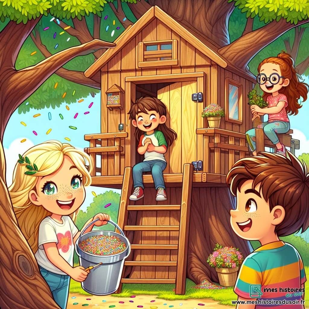 Une illustration sous forme de dessin destinée aux enfants représentant une cabane en bois perchée dans un grand arbre, avec une fille de 11 ans aux cheveux blonds et aux yeux pétillants, riant en tenant un seau rempli de confettis au-dessus de la porte, tandis qu'un garçon aux cheveux bruns, souriant et vêtu d'un t-shirt coloré, se tient à côté d'elle, prêt à ouvrir la porte, et une autre fille aux lunettes et aux cheveux châtains, assise sur une branche, observant la scène avec un sourire complice, le tout dans une ambiance joyeuse et ensoleillée, illustrant le moment où ils préparent une farce amusante pour leurs amis.