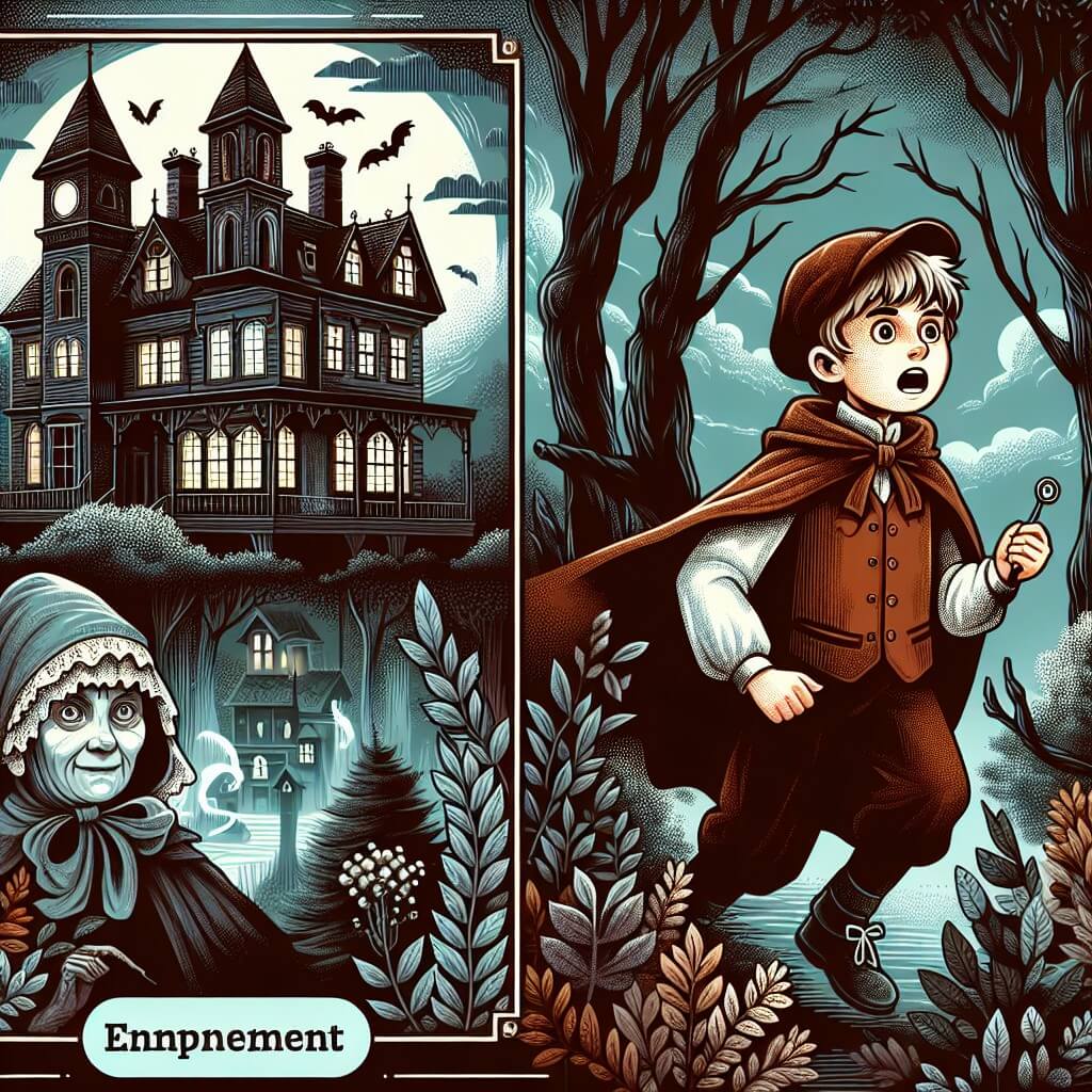 Une illustration destinée aux enfants représentant un jeune garçon intrépide, se retrouvant dans une sombre forêt, accompagné d'une mystérieuse gouvernante, dans le décor lugubre et envoûtant d'un manoir hanté, où d'étranges secrets attendent d'être découverts.
