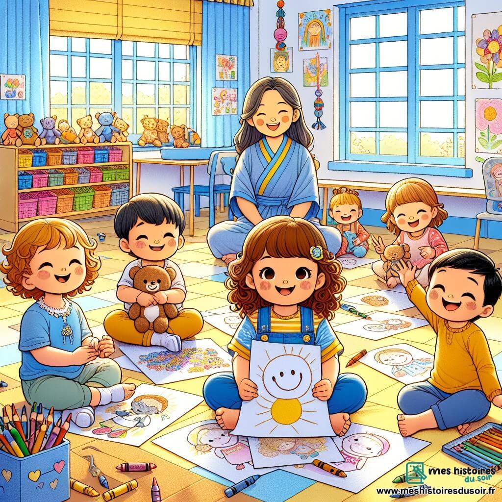 Illustration destinée aux enfants représentant une scène joyeuse dans une classe colorée d'une petite école, avec des murs peints en bleu et jaune, des dessins d'enfants accrochés partout et des fenêtres laissant entrer la lumière du soleil. Au centre, un groupe d'enfants de 3 ans, composé de deux filles aux cheveux bouclés bruns et blonds, et d'un garçon aux cheveux noirs, tous souriants et assis par terre, entourés de crayons et de feuilles de papier. Ils dessinent ensemble, l'un d'eux tenant un doudou, tandis qu'un autre montre fièrement son dessin d'un bonhomme souriant. En arrière-plan, une maîtresse bienveillante, d'origine asiatique, observe avec un sourire, encourageant l'amitié et la tolérance entre les enfants. Des jouets colorés sont éparpillés autour d'eux, ajoutant une atmosphère de bonheur et de camaraderie.