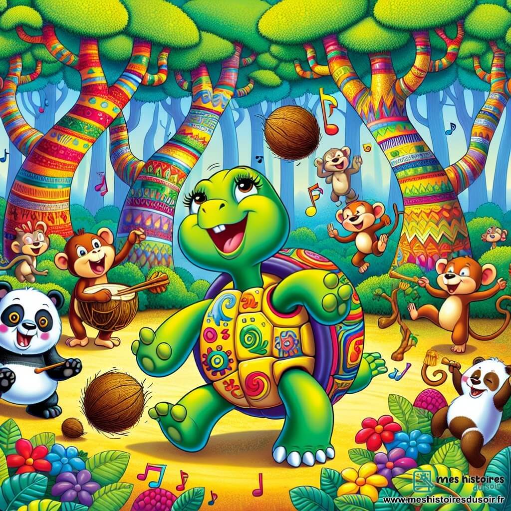 Une illustration sous forme de dessin destinée aux enfants représentant une forêt enchantée de Bamboozleville, avec des arbres aux couleurs vives dansant au gré du vent, où une tortue à la carapace aux motifs arc-en-ciel, souriante et pleine de vie, se tient au centre, en train de chanter joyeusement, entourée de son ami Sacha, un singe acrobate aux yeux malicieux, qui jongle avec des noix de coco, tandis qu'un groupe d'animaux amusés, dont un panda et une grenouille, applaudit et rit autour d'eux, capturant l'esprit de camaraderie et de joie de leur participation au Grand Défi des Animaux.