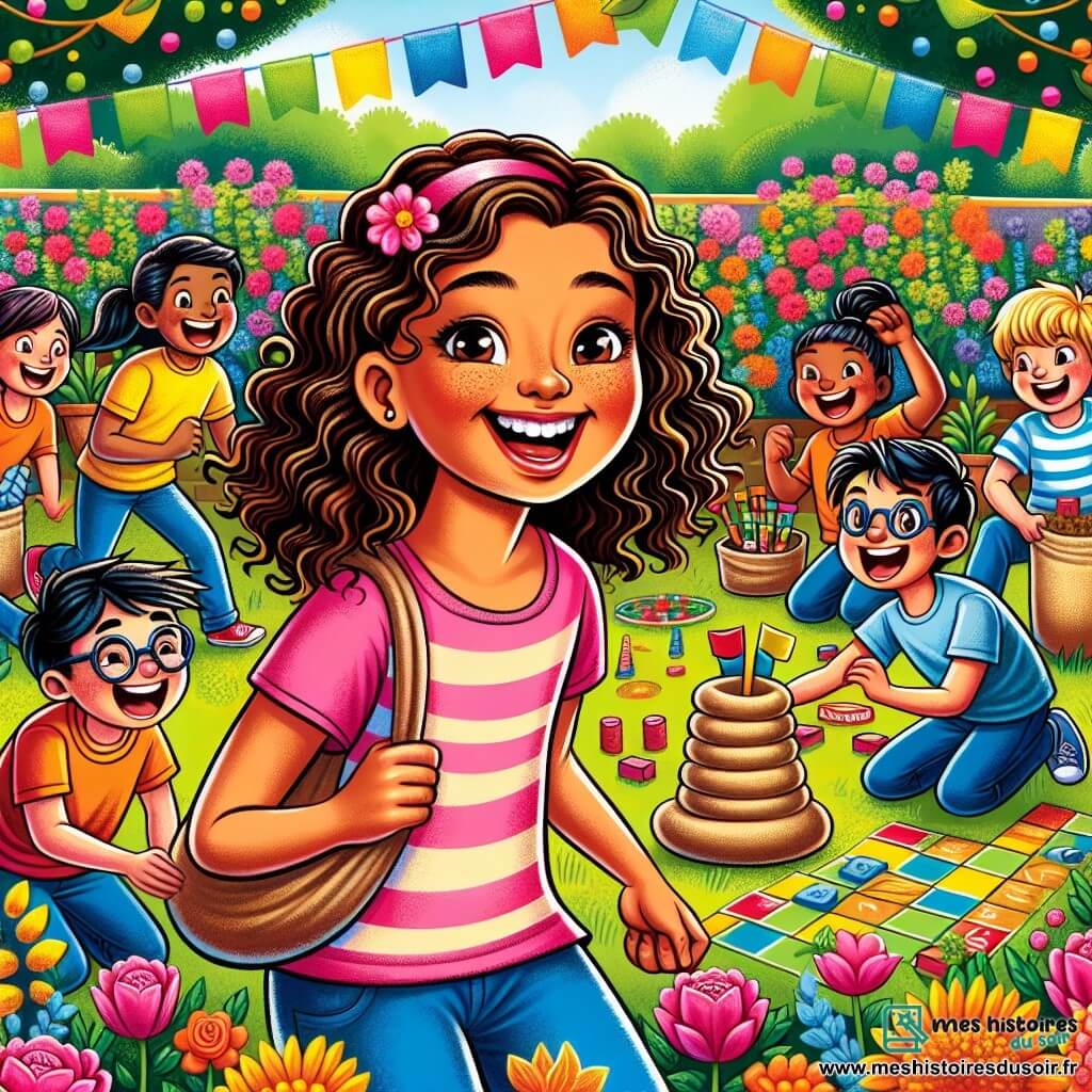 Une illustration sous forme de dessin destinée aux enfants représentant un jardin d'école coloré, rempli de fleurs éclatantes et de rires d'enfants, où une petite fille de 7 ans aux cheveux bouclés et aux yeux pétillants, souriante et pleine d'énergie, organise un tournoi de jeux avec ses amis, dont un garçon aux cheveux blonds et un autre garçon aux lunettes, tous deux riant et participant joyeusement à des activités variées comme une course en sac et des jeux de société, symbolisant l'égalité des genres et l'amitié.