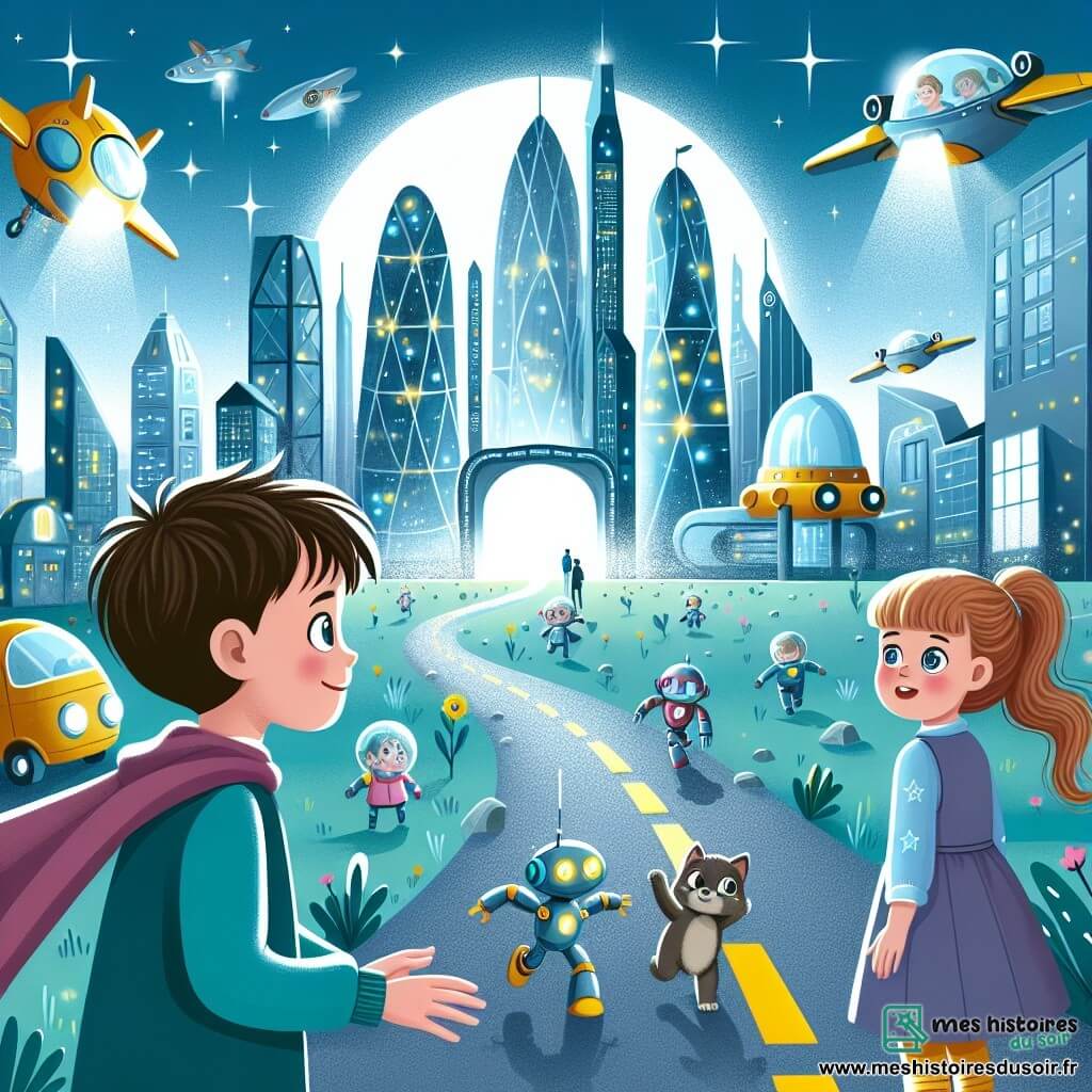Une illustration destinée aux enfants représentant un garçon curieux se retrouvant projeté dans le futur, accompagné d'une jeune fille nommée Lune, dans une ville futuriste aux bâtiments en verre étincelant, aux véhicules volants et aux robots enjoués.