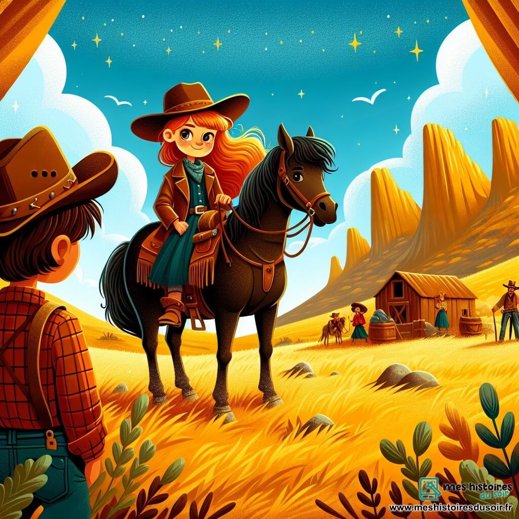 Une illustration sous forme de dessin destinée aux enfants représentant une prairie dorée sous un ciel bleu éclatant, où une jeune cow-girl aux cheveux roux flottants, vêtue d'un chapeau de cow-boy et d'une veste en cuir, se tient fièrement sur sa jument noire, tandis qu'un garçon aux cheveux bruns en désordre, portant une chemise à carreaux, l'observe avec admiration, alors qu'ils préparent une fête pour rassembler les villageois et les protéger des hors-la-loi qui menacent leur paisible village de Dusty Creek.