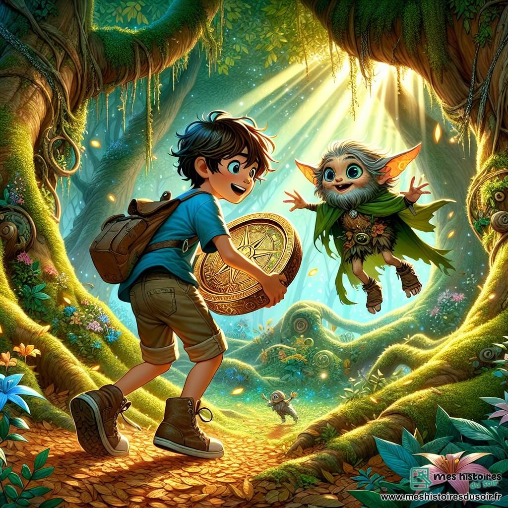 Illustration d'une clairière magique au cœur d'une forêt enchantée, avec des arbres majestueux aux troncs larges et noueux, couverts de mousse verte. Des rayons de soleil percent le feuillage, créant des taches de lumière dorée sur le sol tapissé de feuilles colorées. Au centre, un garçon de 9 ans, aux cheveux châtains en bataille et aux yeux curieux, tient une boussole ancienne ornée de symboles mystérieux. Vêtu d'un t-shirt bleu, d'un short en toile et de baskets usées, il exprime excitation et émerveillement. À ses côtés, une petite créature espiègle avec des oreilles pointues et un sourire malicieux, portant une cape en feuilles et des bottes en cuir, l'invite à explorer cet endroit magique. Le garçon découvre la boussole scintillante, entouré de fleurs géantes aux couleurs vives et de papillons aux ailes chatoyantes. En arrière-plan, un château étincelant sur une colline ajoute une touche de mystère et d'aventure à cette scène féerique.
