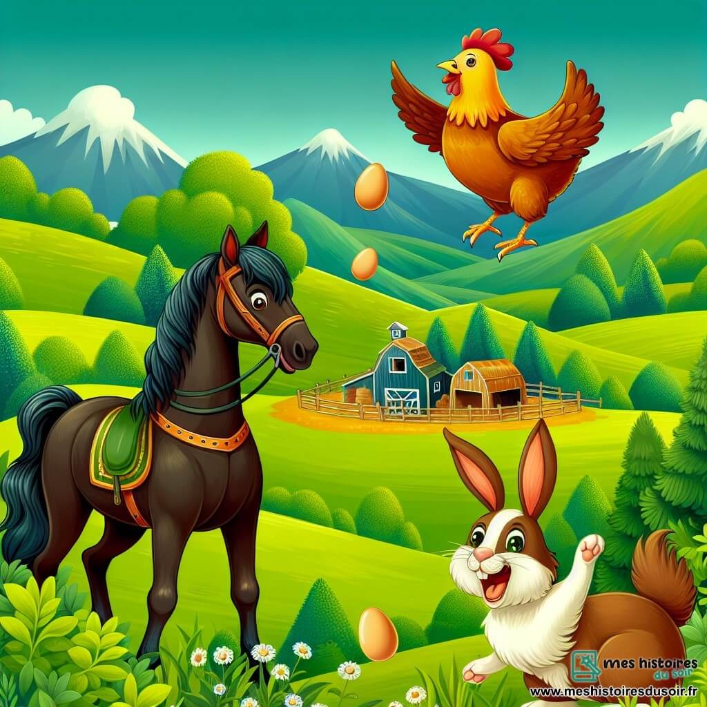 Une illustration destinée aux enfants représentant un noble destrier brun foncé, un lapin excité et une poule acrobate jonglant avec des œufs dans une ferme au cœur d'une vallée verdoyante.