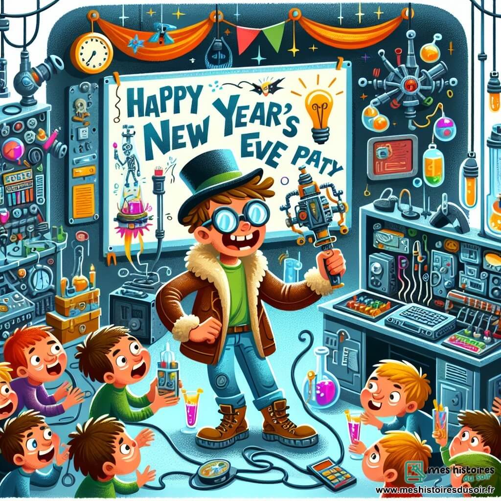 Une illustration destinée aux enfants représentant un garçon plein d'énergie et d'imagination préparant une soirée fantastique avec ses amis, dans une maison transformée en laboratoire secret rempli de bricolages et de gadgets étranges, pour célébrer la fête du Nouvel An.