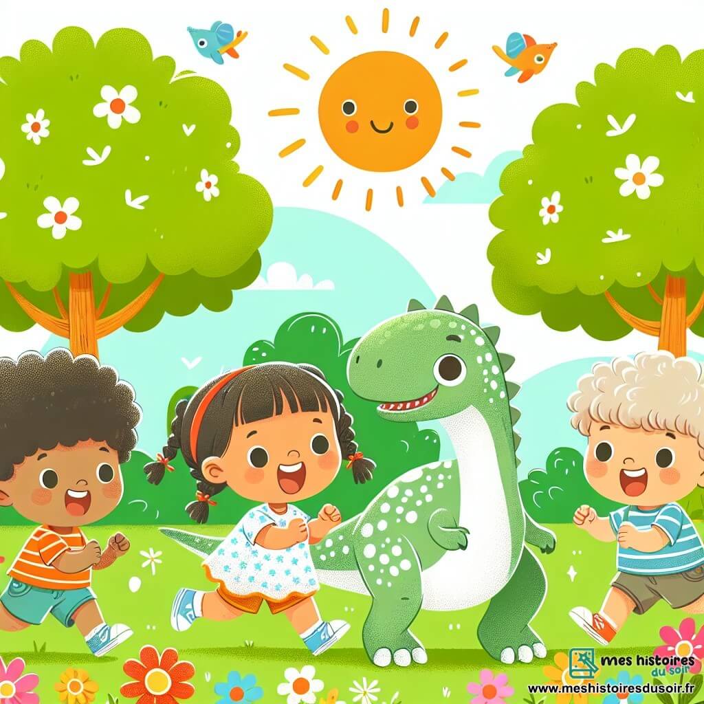 Une illustration sous forme de dessin destinée aux enfants représentant un parc ensoleillé avec des arbres verdoyants et des fleurs colorées, où un groupe d'enfants de trois ans, deux garçons aux cheveux bouclés et une fille avec des tresses, s'amusent à courir autour d'un petit dinosaure tacheté et mignon, tandis qu'un grand dinosaure vert les observe avec des yeux doux, capturant l'instant magique où les enfants découvrent leur incroyable aventure dans le temps.