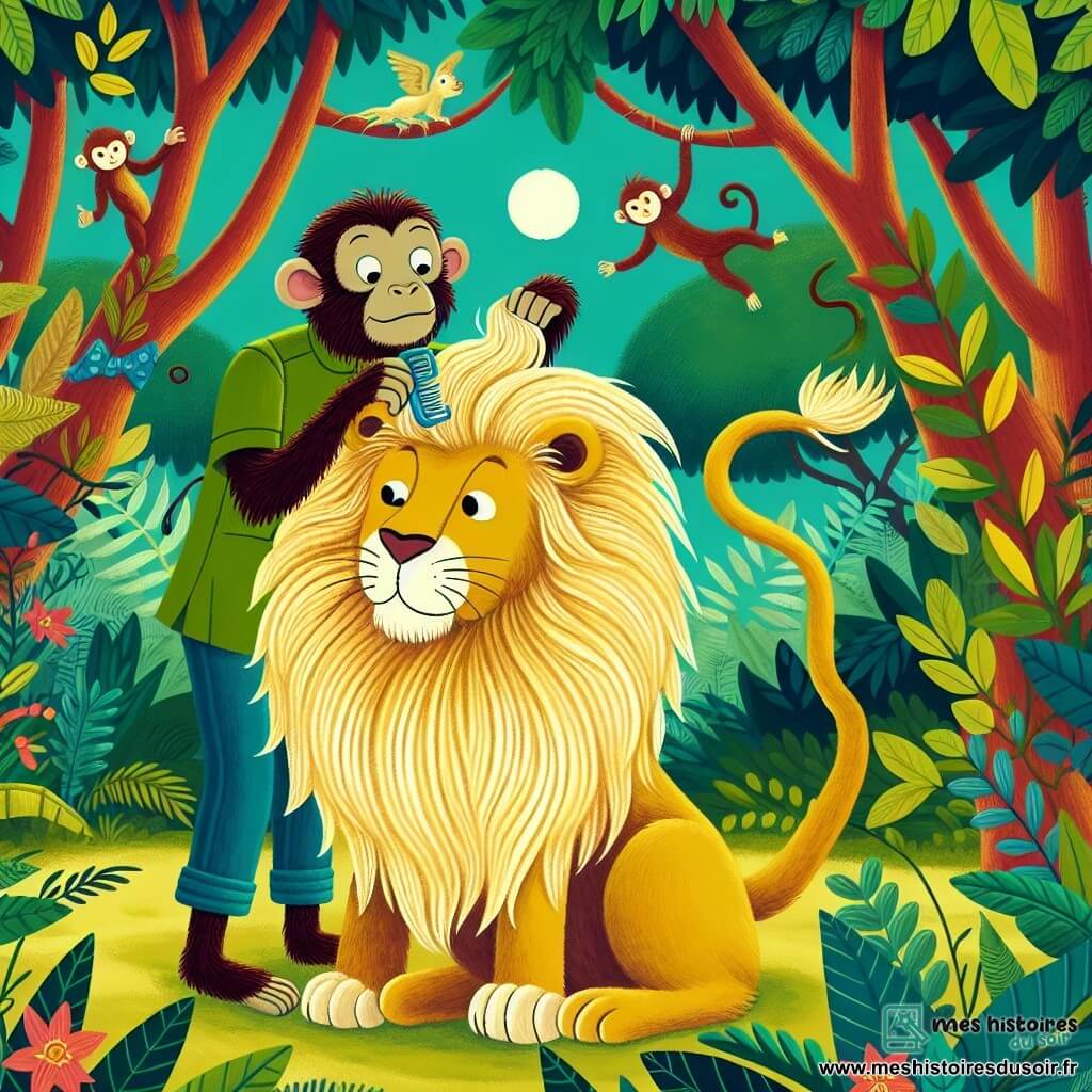 Une illustration destinée aux enfants représentant un lion au pelage doré, cherchant désespérément à retrouver sa crinière parfaite, avec l'aide maladroite d'un singe coiffeur, dans une jungle luxuriante aux arbres touffus et aux lianes colorées.