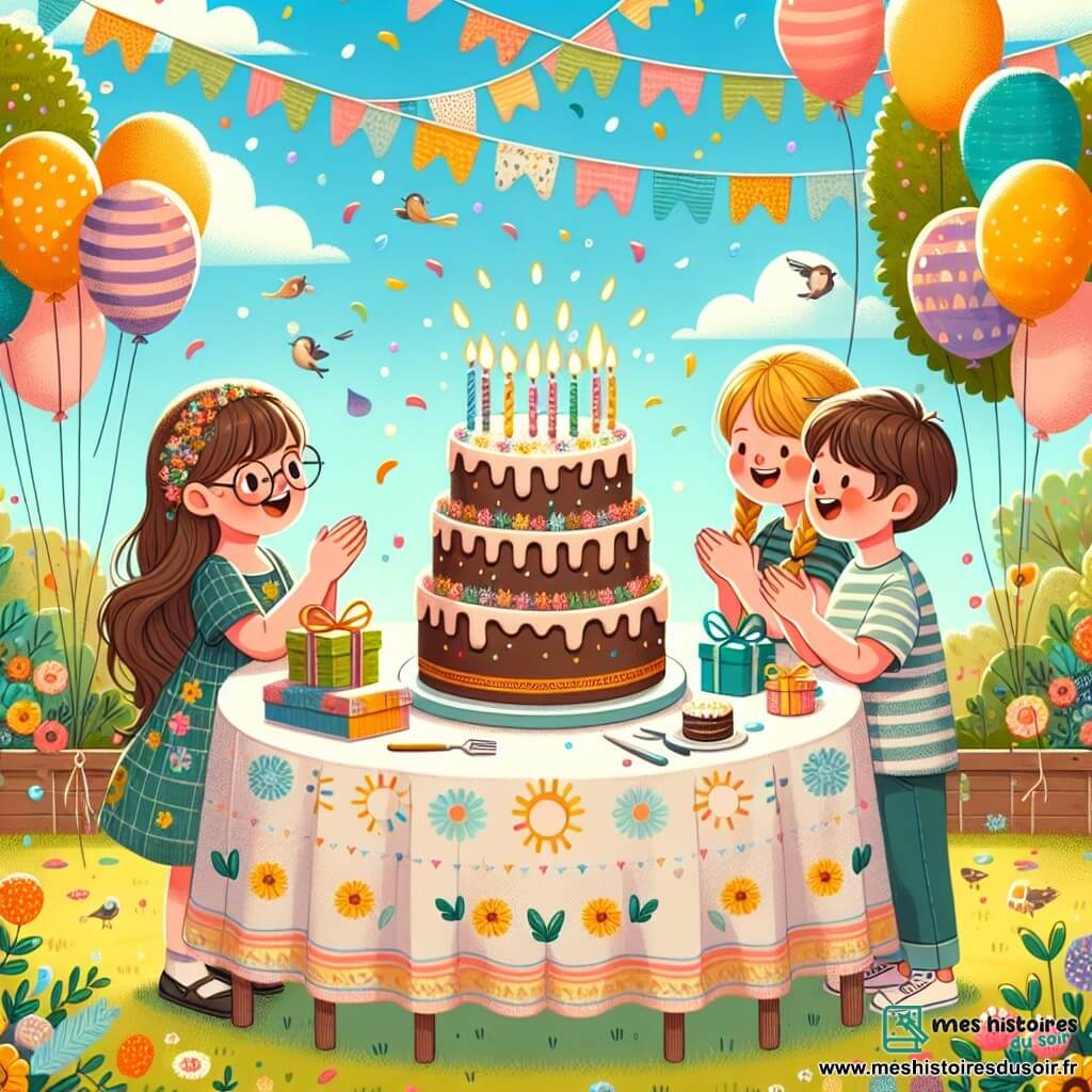 Illustration d'une fête d'anniversaire joyeuse dans un jardin ensoleillé, décoré de ballons colorés et de guirlandes scintillantes. Une grande table avec une nappe joyeuse porte un magnifique gâteau au chocolat avec des bougies. Au centre, trois enfants : une fille de 7 ans avec de longs cheveux bruns et des lunettes, émerveillée par le gâteau ; une autre fille de 7 ans avec des cheveux blonds en tresses, applaudissant ; et un garçon de 7 ans avec des cheveux châtains et un t-shirt rayé, tenant une boîte de cadeaux. Les enfants célèbrent avec joie, entourés de rires et de chants d'oiseaux, tandis que des confettis flottent autour d'eux.
