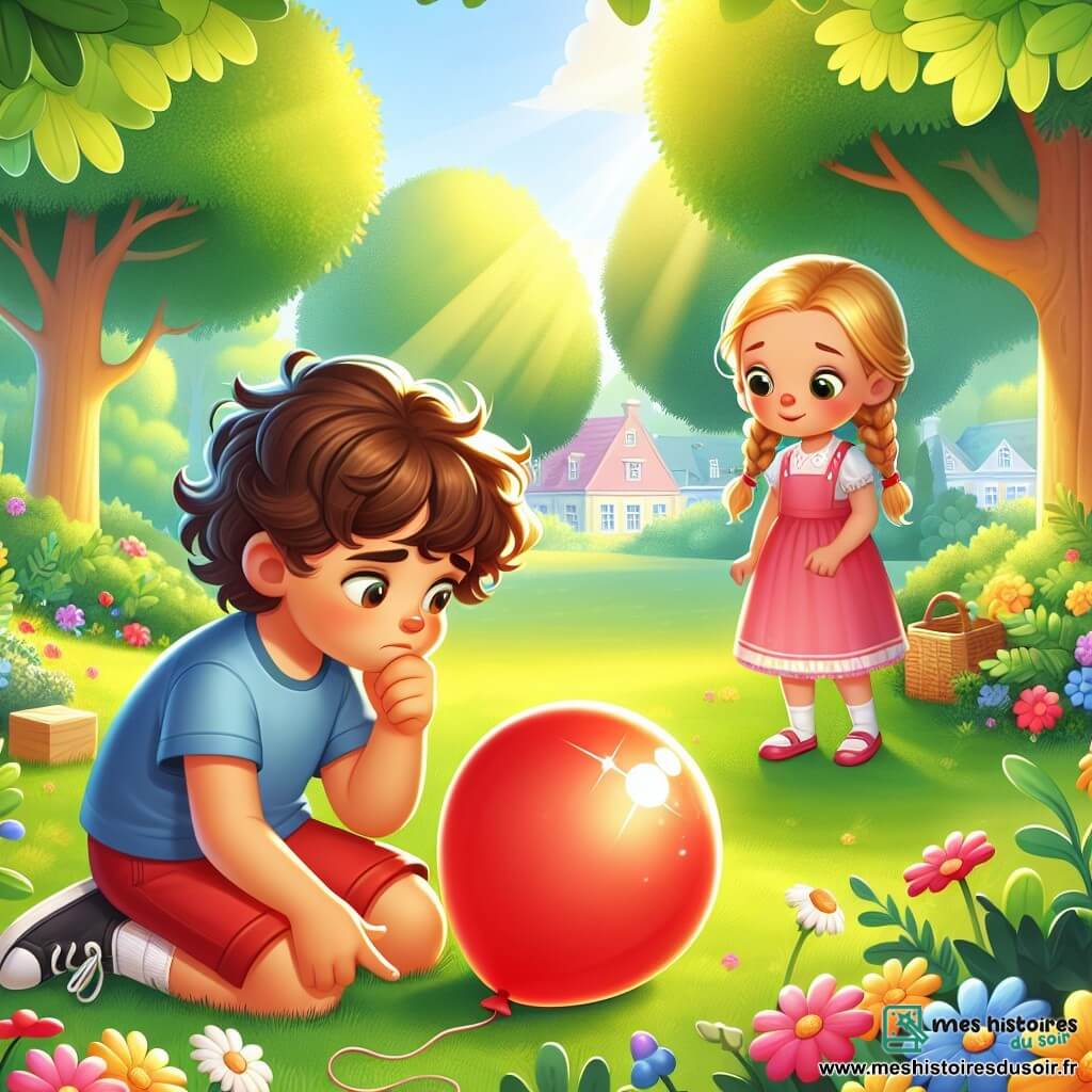 Une illustration sous forme de dessin destinée aux enfants représentant un parc ensoleillé avec des arbres verdoyants et des fleurs colorées, où un garçon de 6 ans aux cheveux bruns et bouclés, portant un t-shirt bleu et un short rouge, se penche avec curiosité pour examiner un ballon rouge brillant posé sur l'herbe, tandis qu'une fille de 5 ans aux cheveux blonds tressés, vêtue d'une robe rose, l'observe avec un sourire, tous deux en pleine enquête pour retrouver le propriétaire du ballon perdu.