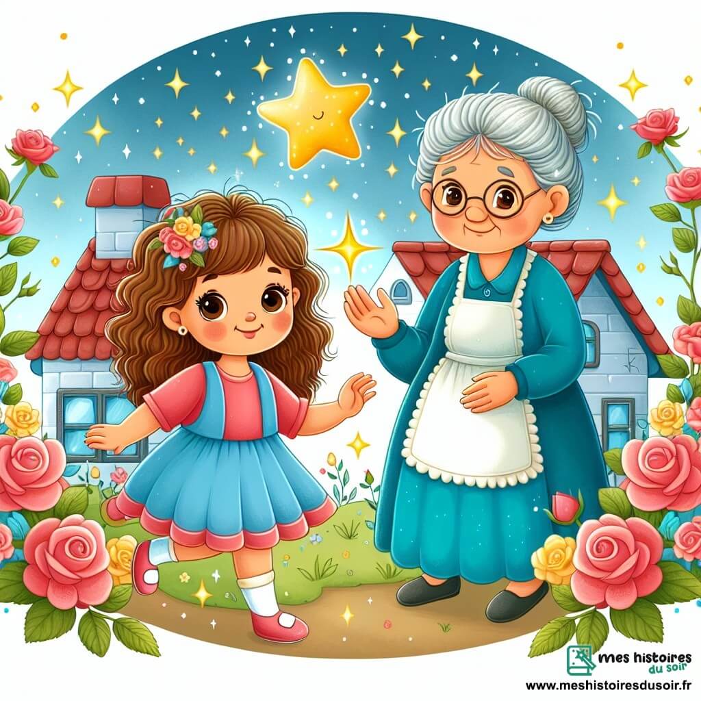 Une illustration destinée aux enfants représentant une petite fille aux boucles brunes, une étoile étincelante dans le ciel, une mamie douce et bienveillante, une petite maison au toit de tuiles rouges entourée de roses et de fleurs sauvages.