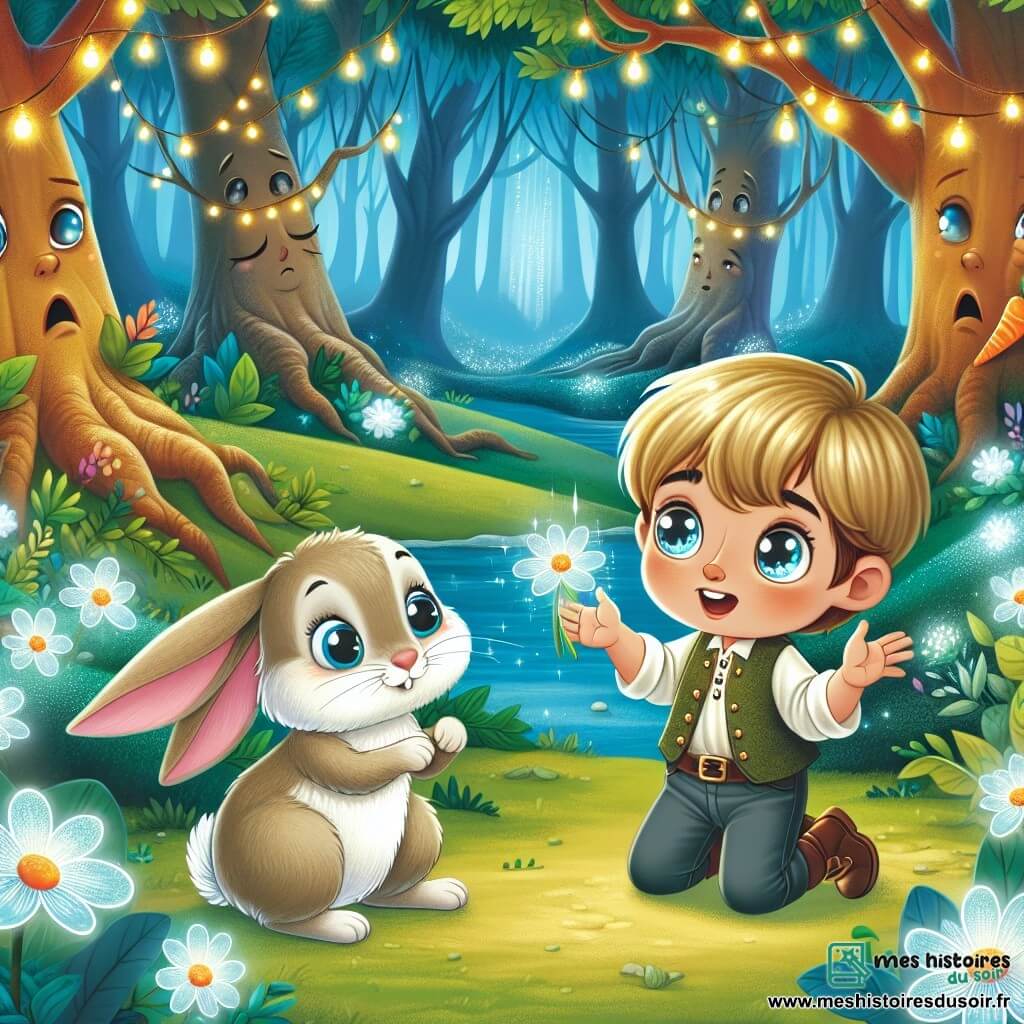 Une illustration destinée aux enfants représentant un petit garçon aux yeux pétillants découvrant ses pouvoirs magiques, accompagné d'un lapin triste cherchant sa carotte magique, dans une forêt enchantée aux arbres qui parlent et aux fleurs lumineuses.