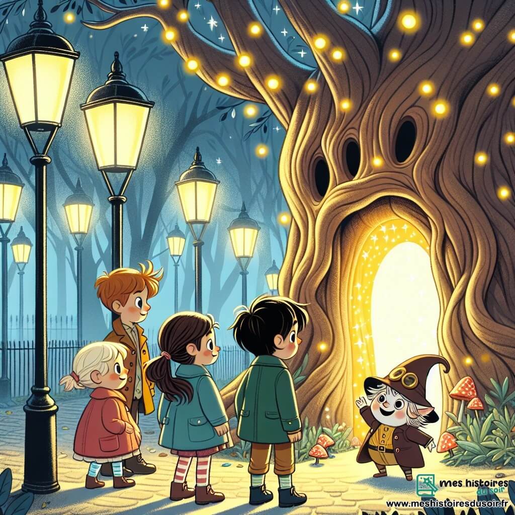 Une illustration sous forme de dessin destinée aux enfants représentant un parc londonien brumeux avec des lampadaires scintillants, où un groupe de cinq enfants de 9 ans, deux filles aux cheveux bruns et blonds, et trois garçons aux cheveux châtains et noirs, se tiennent devant un vieux chêne noueux, émerveillés par une porte secrète lumineuse qui s'ouvre sur un tunnel mystérieux, tandis qu'un petit être féerique aux oreilles pointues et au chapeau en forme de champignon les regarde avec un sourire encourageant, illustrant leur quête magique pour sauver un monde caché.