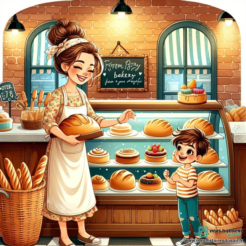 Une illustration sous forme de dessin destinée aux enfants représentant une boulangerie chaleureuse à Paris, avec des murs en briques et une vitrine remplie de pains dorés et de gâteaux colorés, où une boulangère souriante, une femme aux cheveux châtains enroulés en chignon et portant un tablier fleuri, pétrit de la pâte avec passion, tandis qu'un petit garçon aux cheveux en bataille et aux yeux pétillants, vêtu d'un t-shirt rayé, l'observe avec émerveillement, impatient d'apprendre les secrets de la pâtisserie dans une ambiance joyeuse et créative.