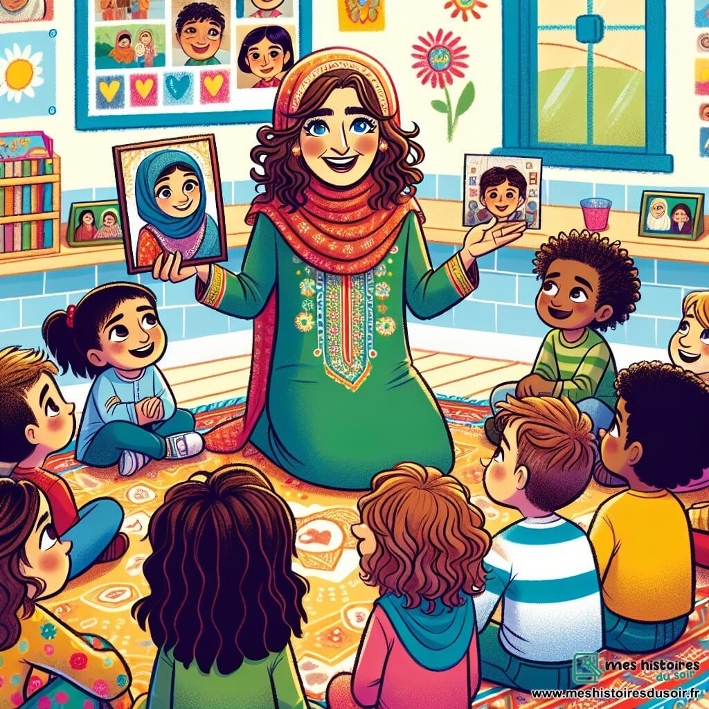 Une illustration sous forme de dessin destinée aux enfants représentant une salle de classe lumineuse et colorée, où une femme d'une quarantaine d'années, aux cheveux bouclés et aux yeux d'un bleu profond, sourit chaleureusement tout en montrant des photos et des objets de son passé, entourée d'un groupe d'enfants, garçons et filles, aux visages curieux et émerveillés, assis en cercle sur des tapis, écoutant attentivement ses histoires sur la paix et l'entraide, avec des dessins de fleurs et de cœurs décorant les murs, symbolisant l'espoir et l'amitié.