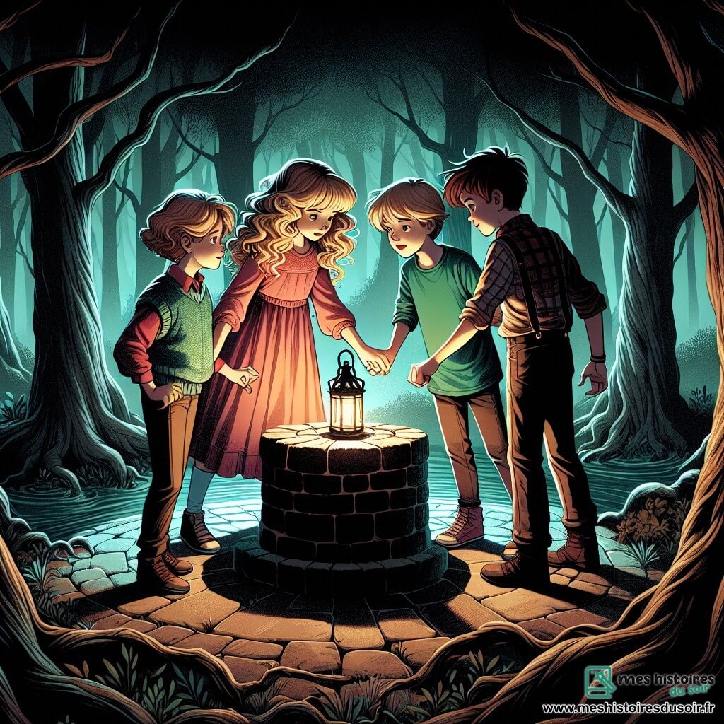 Une illustration sous forme de dessin destinée aux enfants représentant une clairière mystérieuse au cœur d'une forêt sombre, où un groupe de quatre enfants de 9 ans, deux filles aux cheveux bouclés et blonds, l'une portant une robe rose et l'autre un t-shirt vert, et deux garçons aux cheveux bruns, l'un en pull bleu et l'autre en chemise à carreaux, se tiennent main dans la main autour d'un vieux puits en pierre, leurs visages illuminés par la lueur d'une lanterne, alors qu'ils se préparent à résoudre une énigme pour briser une malédiction, tandis que des ombres dansent autour d'eux, créant une atmosphère à la fois intrigante et légèrement effrayante.