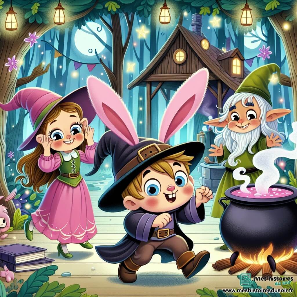 Une illustration destinée aux enfants représentant un jeune sorcier maladroit transformé en lapin rose, accompagné d'une sorcière joyeuse et d'un lutin farceur, dans une cabane magique remplie de chaudrons fumants et de livres de sorts, au cœur d'une forêt enchantée aux arbres dansants et aux fleurs lumineuses.