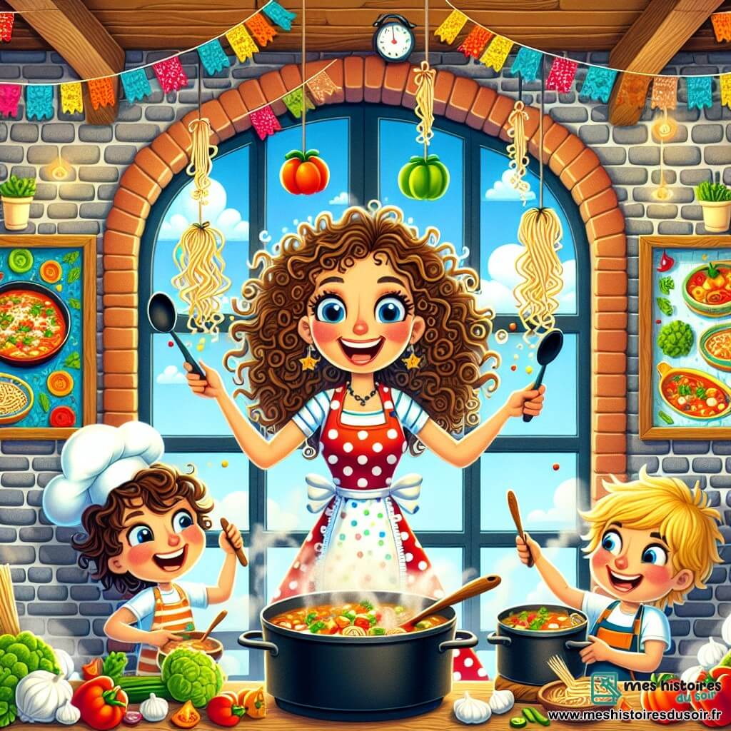 Illustration destinée aux enfants représentant une cuisine enchantée, où des murs en briques colorées sont ornés de guirlandes de légumes en papier et de tableaux de plats succulents. Au centre, une femme pétillante avec des cheveux bouclés comme des nouilles et des yeux brillants, vêtue d'un tablier à pois, jongle joyeusement avec des poêles et des casseroles, préparant une soupe magique. À ses côtés, deux enfants, un garçon aux cheveux bruns et une fille aux cheveux blonds, tous deux en tabliers, s'activent avec enthousiasme, hachant des légumes et riant ensemble. L'atmosphère est remplie de couleurs vives, de vapeur parfumée et d'une mélodie joyeuse, capturant l'esprit de la cuisine et de l'amitié.