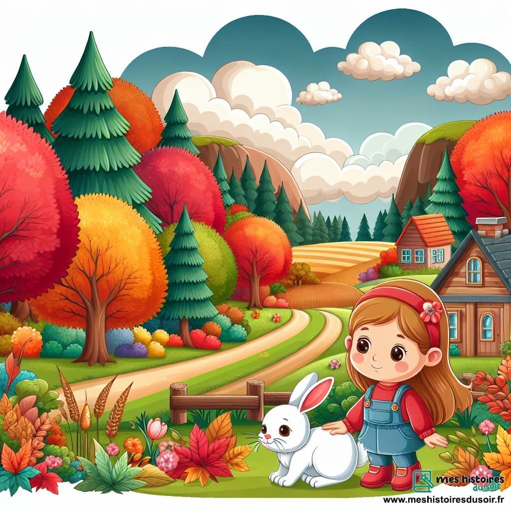 Une illustration destinée aux enfants représentant une fillette explorant la forêt en automne, accompagnée d'un lapin blessé, dans un petit village entouré de champs aux couleurs chatoyantes et d'une forêt aux arbres parés de teintes orangées, rouges et jaunes.