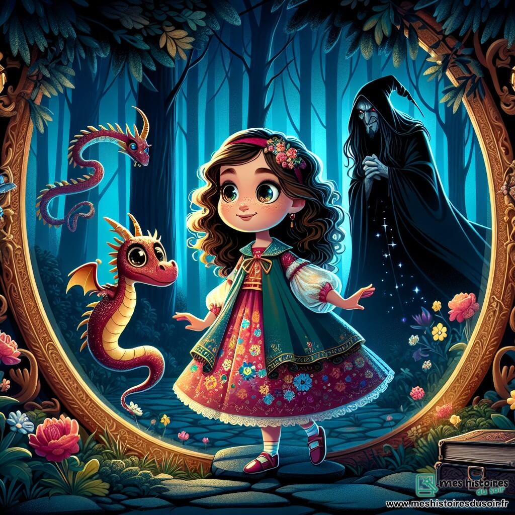 Une illustration sous forme de dessin destinée aux enfants représentant une forêt sombre et mystérieuse, où une fille de 9 ans aux cheveux bouclés et aux yeux pétillants, vêtue d'une robe colorée, se tient courageusement devant un miroir ancien aux motifs floraux, tandis qu'un petit dragon aux écailles étincelantes l'observe avec curiosité, alors qu'un sorcier maléfique aux longs cheveux noirs et à l'expression menaçante se tient en arrière-plan, prêt à lancer un défi, créant une atmosphère à la fois magique et légèrement effrayante.