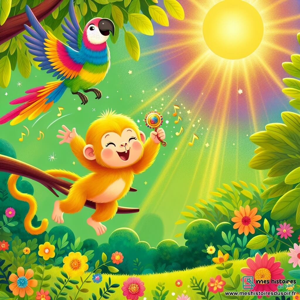 Une illustration sous forme de dessin destinée aux enfants représentant une forêt verdoyante et ensoleillée, avec un petit singe à la fourrure douce et dorée, sautant joyeusement d'une branche à l'autre tout en tenant une petite goutte d'eau dans ses mains, tandis qu'un perroquet coloré aux plumes éclatantes vole autour de lui, chantant gaiement pour encourager les fleurs qui s'épanouissent sous leurs yeux, créant une scène pleine de vie et de magie.