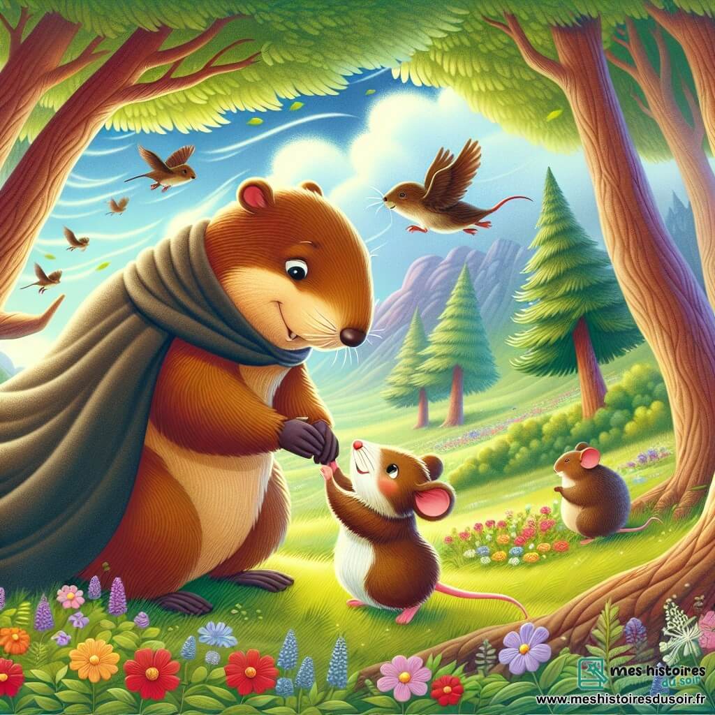 Une illustration destinée aux enfants représentant une marmotte sage et organisée, aidant une petite souris curieuse, dans une clairière enchantée de la forêt, où les arbres dansent au rythme du vent et les fleurs éclatent de couleurs chatoyantes.