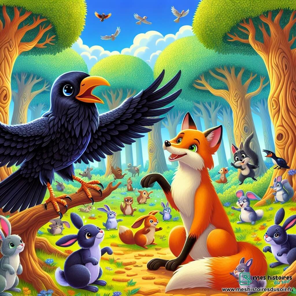 Illustration d'une scène enchantée dans une forêt dense, avec de grands arbres aux troncs noueux s'élevant vers un ciel bleu parsemé de nuages blancs. Au centre, un corbeau aux plumes noires brillantes et aux yeux pétillants se tient sur une branche, prêt à chanter. À ses côtés, un renard rusé au pelage orange vif l'encourage avec un sourire, ses pattes sur le sol recouvert de feuilles dorées. Ensemble, ils observent une fête d'animaux, où des lapins dansent et des écureuils s'amusent. La scène est remplie de couleurs vives, de rires et de joie, illustrant l'amitié et la découverte de soi dans un monde magique.