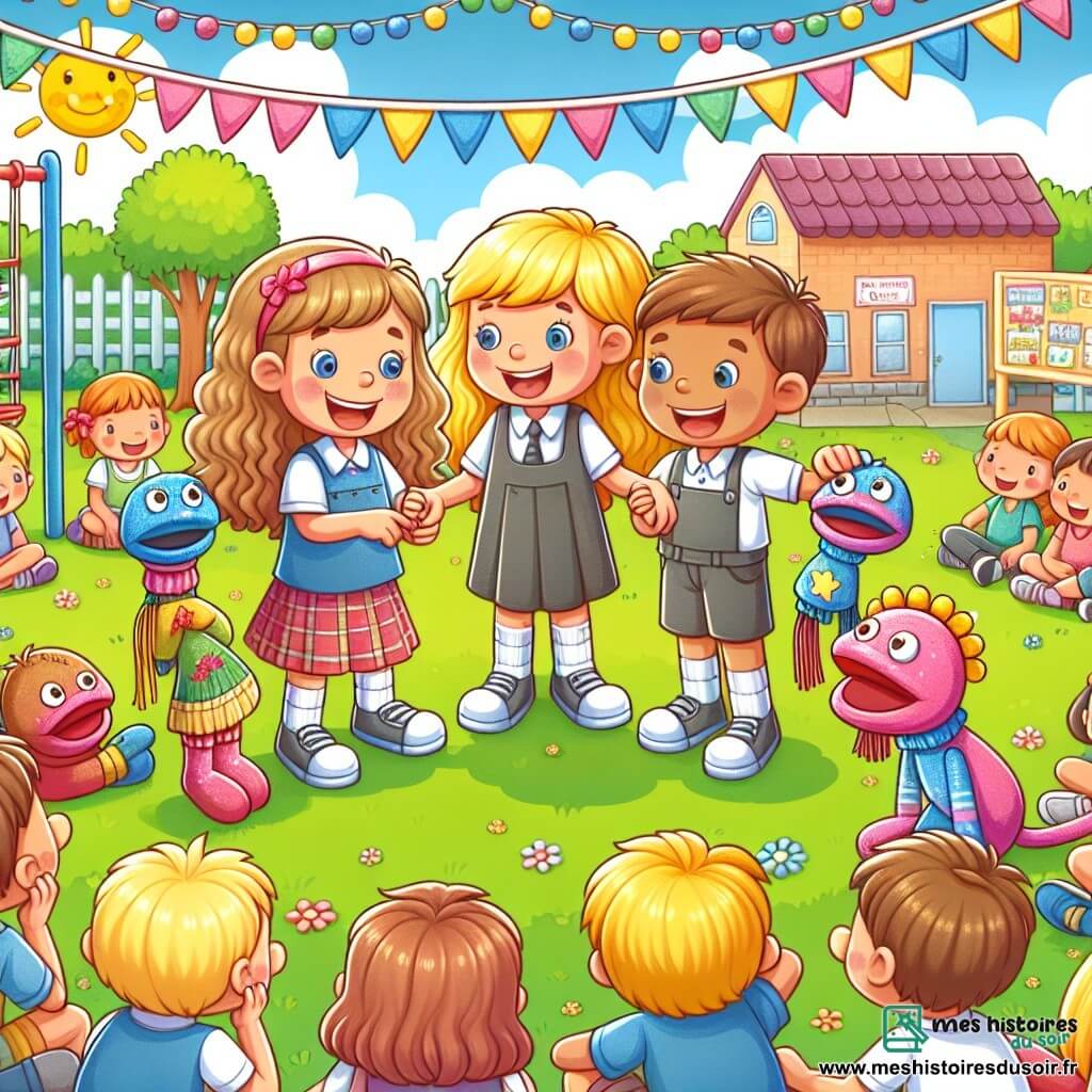 Une illustration sous forme de dessin destinée aux enfants représentant une cour d'école ensoleillée, remplie de jeux colorés et de guirlandes, où un groupe de trois enfants de 7 ans, deux filles aux cheveux bouclés et blonds, et un garçon aux cheveux bruns, se tiennent ensemble en train de discuter joyeusement, avec des marionnettes en chaussettes dans les mains, illustrant une scène où ils partagent une leçon sur l'importance de dire la vérité, entourés de camarades attentifs et souriants, avec des rires et des éclats de joie dans l'air.