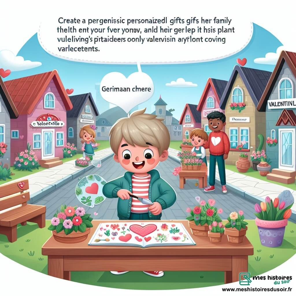Une illustration destinée aux enfants représentant un petit garçon plein d'énergie préparant des cadeaux personnalisés pour sa famille, accompagné de son papa passionné de plantes, dans un village nommé Valentinville aux maisons colorées et aux rues ornées de cœurs.