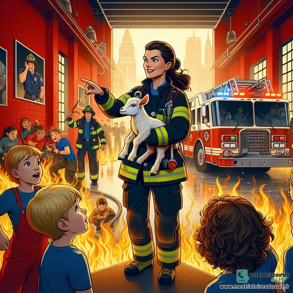 Illustration d'une scène dynamique dans une caserne de pompiers, avec des murs rouges et des photos de pompiers héroïques. Des camions brillants sont garés en arrière-plan. Au centre, une femme pompier aux cheveux bruns en chignon, en uniforme noir et jaune, casque sur la tête et sourire déterminé, soulève une petite chèvre pour la sauver des flammes qui dansent derrière elle, illuminant la scène d'une lueur orange. À ses côtés, un groupe d'enfants de 8 à 10 ans observe avec émerveillement : un garçon blond en t-shirt rouge pointe la chèvre, tandis qu'une fille aux cheveux bouclés en robe bleue regarde, pleine d'admiration. La femme pompier incarne courage et altruisme, tandis que les enfants découvrent le monde des pompiers, avec des jets d'eau, des outils de secours éparpillés et une ambiance d'urgence mêlée d'excitation.