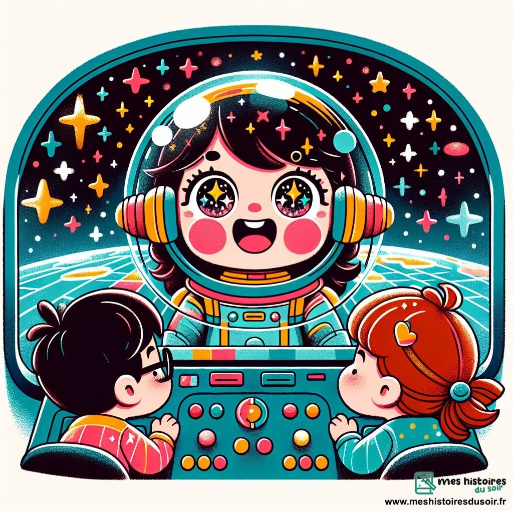 Une illustration sous forme de dessin destinée aux enfants représentant une vaste étendue de l'espace étoilé, avec une astronaute femme aux cheveux bruns et aux yeux pétillants, flottant joyeusement à l'intérieur de son vaisseau spatial, entourée de panneaux de contrôle colorés, tandis que des enfants aux visages émerveillés, un garçon aux lunettes et une fille aux couettes, regardent par une grande fenêtre, admirant les étoiles brillantes et rêvant de leur propre aventure intergalactique.