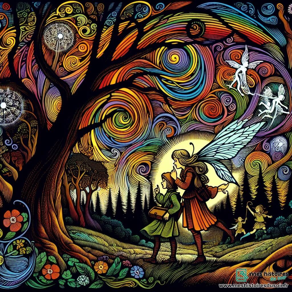 Une illustration destinée aux enfants représentant une fée mystérieuse échangeant des secrets avec une jeune exploratrice dans la Vallée des Fées, un lieu magique où les arbres dansent et les fleurs chantent sous un ciel virevoltant de couleurs chatoyantes.