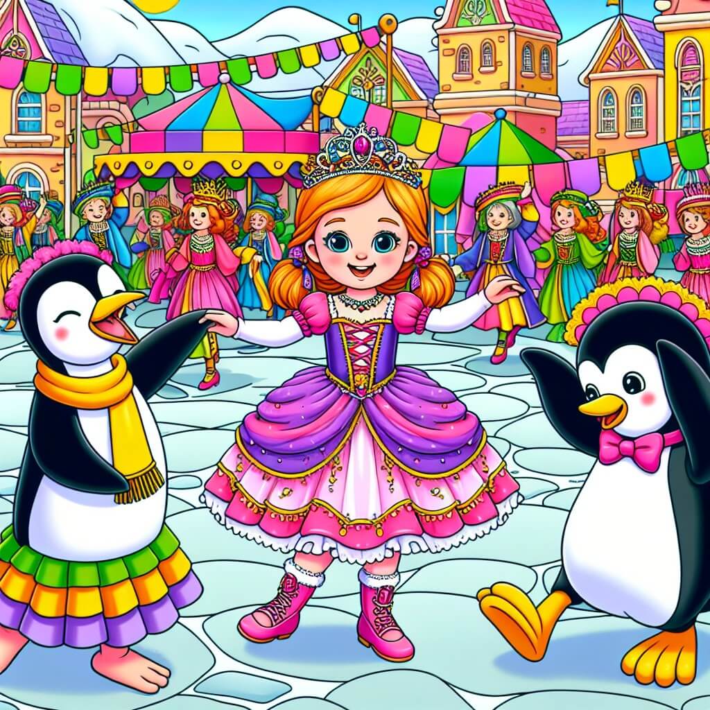 Une illustration destinée aux enfants représentant une petite fille déguisée en princesse, qui danse avec des pingouins dans un village coloré lors d'un carnaval animé.