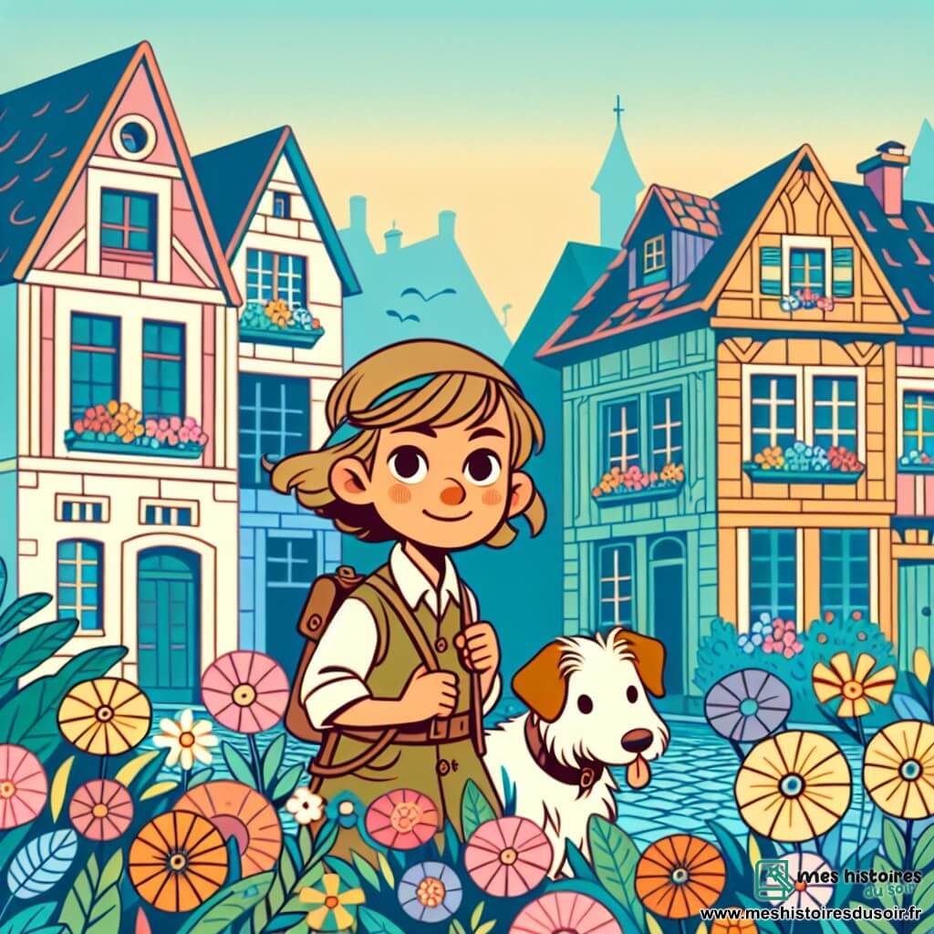 Une illustration destinée aux enfants représentant une jeune détective intrépide, accompagnée de son fidèle ami, explorant un village pittoresque où les maisons colorées s'alignent le long d'une rue pavée, avec des fleurs multicolores qui bordent les trottoirs.