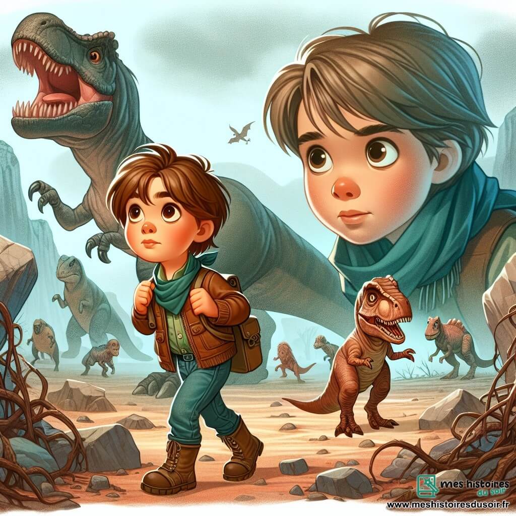 Une illustration destinée aux enfants représentant un jeune garçon curieux, transporté dans le passé au temps des dinosaures, accompagné d'un petit dinosaure miniature, dans un paysage grandiose et effrayant rempli de créatures gigantesques et inconnues.