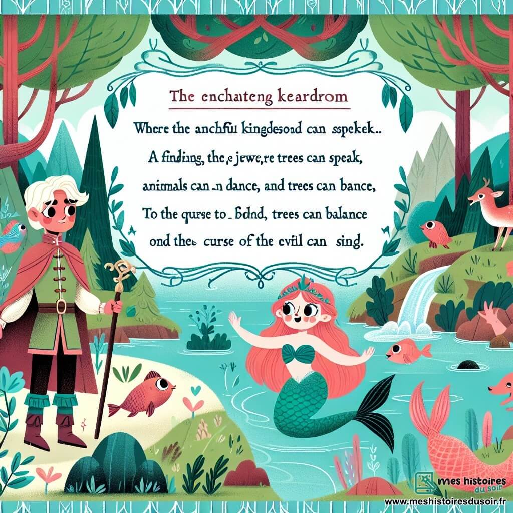 Une illustration destinée aux enfants représentant un jeune prince courageux, accompagné d'une belle sirène aux cheveux couleur corail, explorant un royaume enchanté où les animaux parlent, les arbres dansent et les rivières chantent, dans le but de trouver les joyaux de l'équilibre et briser le sortilège du méchant sorcier.