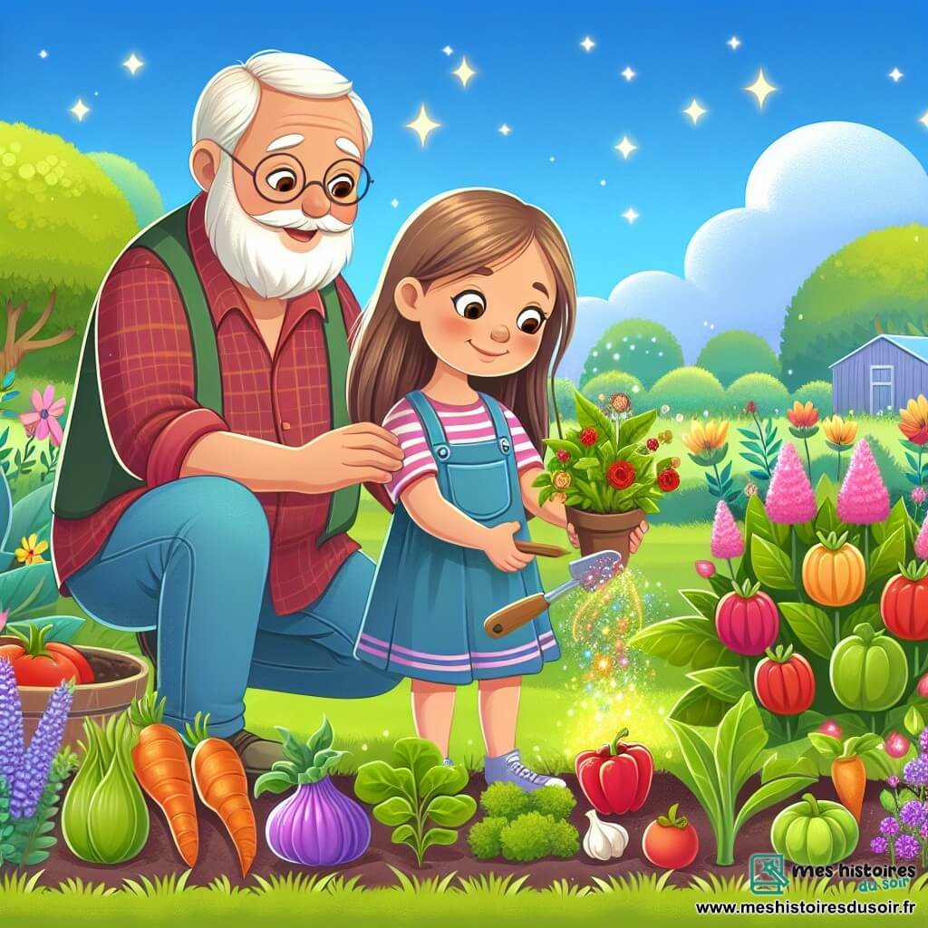 Une illustration destinée aux enfants représentant une petite fille curieuse et pleine d'amour pour la nature, accompagnée de son grand-père bienveillant, plantant un potager magique aux couleurs chatoyantes dans un jardin verdoyant et fleuri de la campagne.