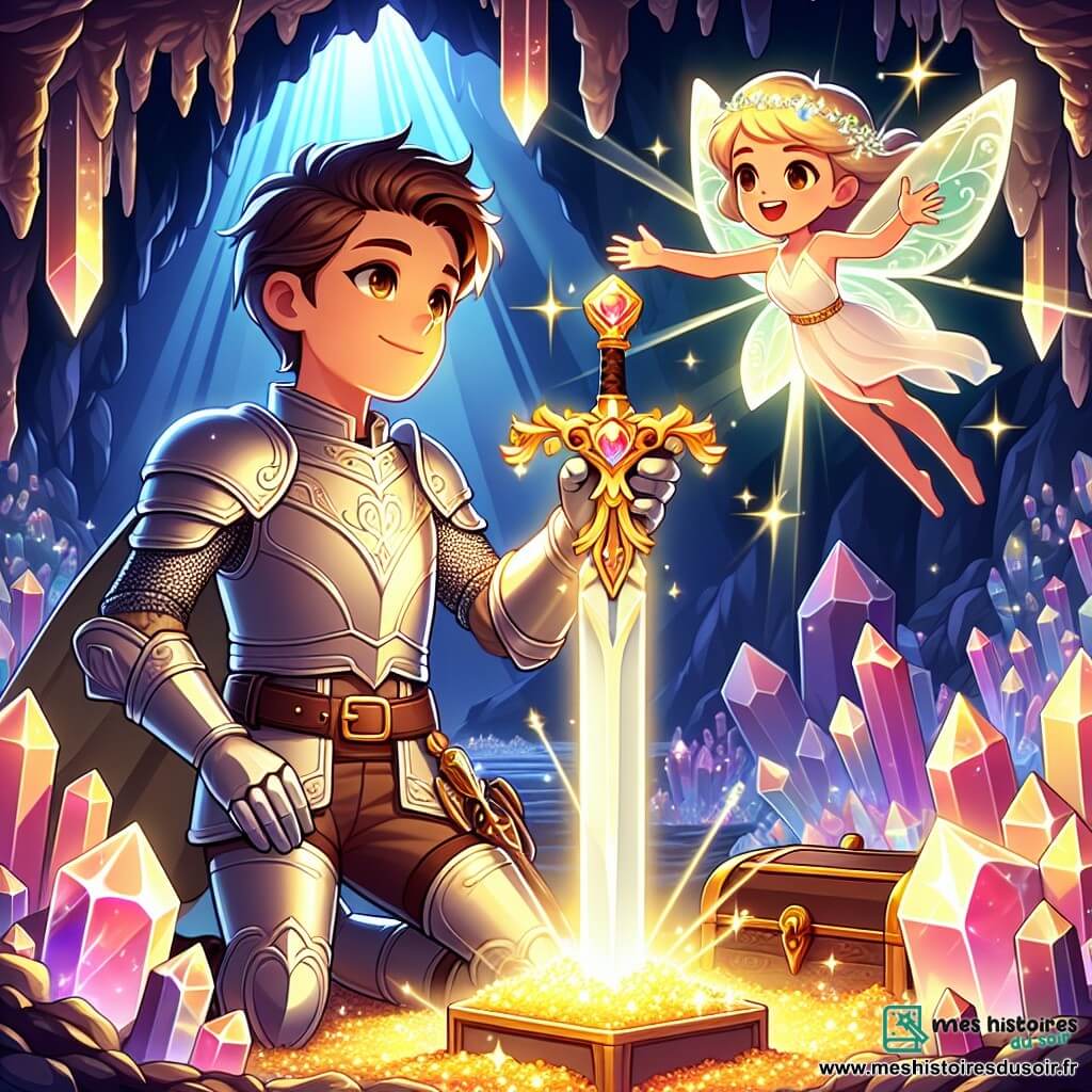 Illustration d'une salle de trésor éblouissante dans une grotte mystérieuse, avec des murs tapissés de cristaux scintillants reflétant des lumières multicolores, créant une atmosphère magique. Au centre, un homme courageux d'une vingtaine d'années, aux cheveux bruns et aux yeux perçants, se tient fier et déterminé, vêtu d'une armure brillante ornée de motifs délicats, brandissant une épée enchantée. À ses côtés, une fée lumineuse, petite et délicate, avec des ailes translucides et des cheveux dorés, flotte dans les airs, souriante et tendant la main vers lui pour lui donner du courage. L'homme découvre l'épée légendaire, entouré de cristaux étincelants, tandis que des ombres mystérieuses se dessinent au fond de la grotte, suggérant des dangers à surmonter. Des éclats de lumière émanent de l'épée, illuminant son visage déterminé et créant une ambiance héroïque et fantastique.