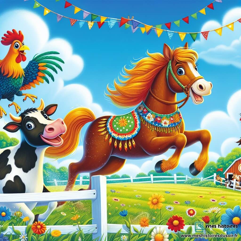 Une illustration sous forme de dessin destinée aux enfants représentant une ferme colorée sous un ciel bleu éclatant, avec un cheval au pelage brun et aux crins dorés, courant joyeusement à travers un champ verdoyant, tandis qu'une vache tachetée de blanc et de noir l'encourage en agitant la queue, et un coq aux plumes flamboyantes se tient sur une barrière en chantant, le tout capturant l'excitation d'une course de relais animalière, avec des guirlandes de fleurs et des banderoles flottant dans le vent.