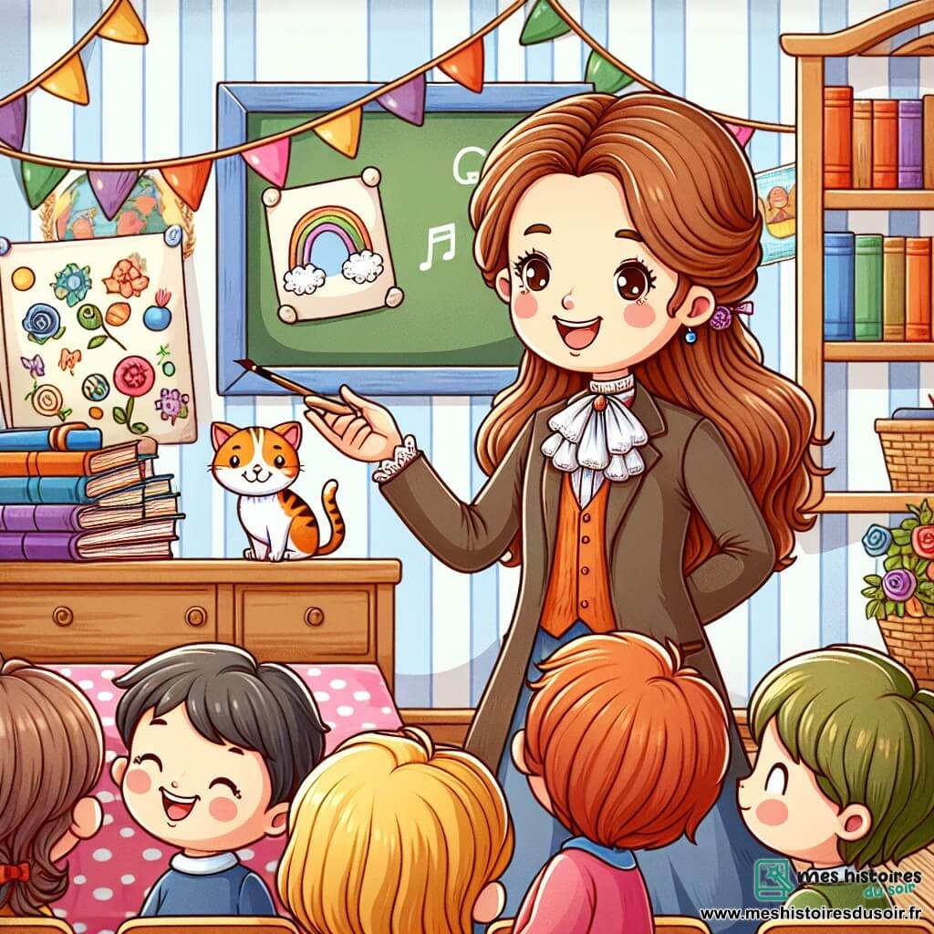 Une illustration destinée aux enfants représentant une institutrice bienveillante enseignant à ses élèves, accompagnée d'un joyeux chaton, dans une salle de classe chaleureuse décorée de dessins colorés et de livres empilés.