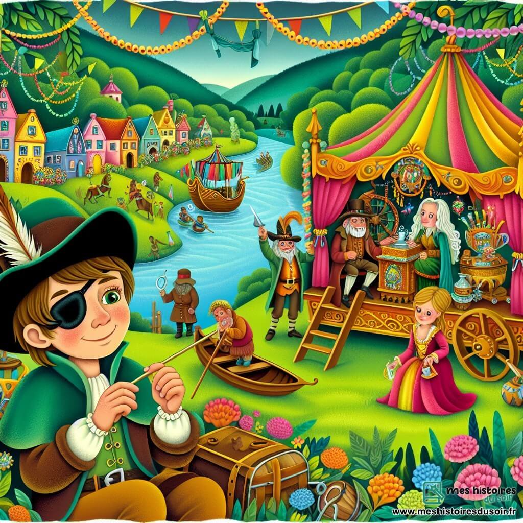 Une illustration destinée aux enfants représentant un garçon espiègle et curieux se préparant pour le grand carnaval, accompagné d'une mystérieuse diseuse de bonne aventure, dans un village paisible orné de guirlandes colorées et de chars décorés, au cœur d'une vallée verdoyante.